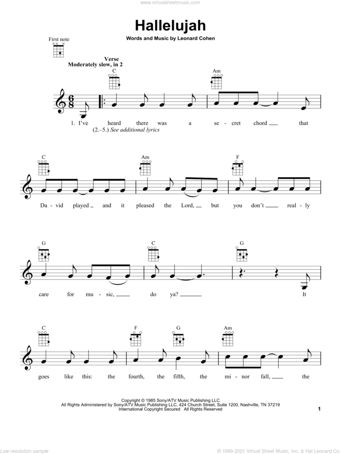 Hallelujah sheet music for ukulele by Leonard Cohen, intermediate skill level