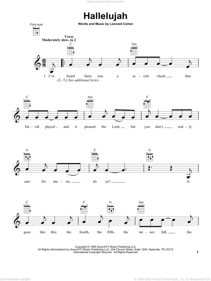 Hallelujah sheet music for ukulele by Leonard Cohen, intermediate skill level