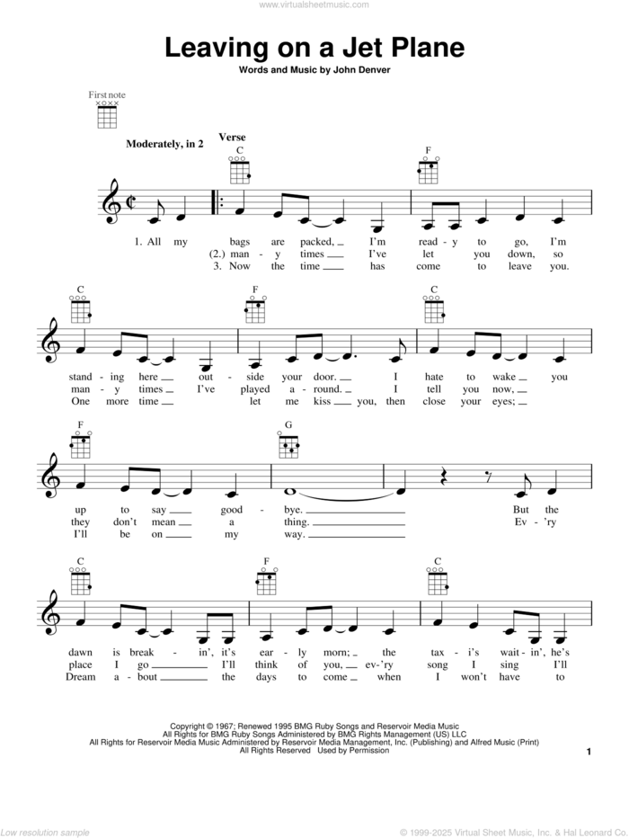 Leaving On A Jet Plane sheet music for ukulele by John Denver and Peter, Paul & Mary, intermediate skill level