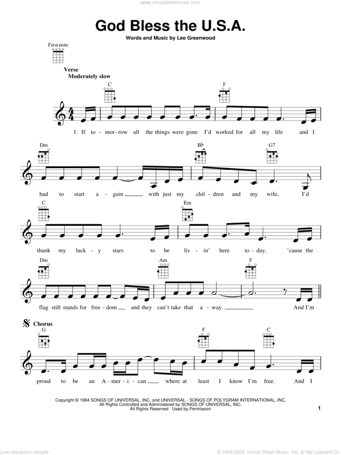 God Bless The U.S.A. sheet music for ukulele by Lee Greenwood, intermediate skill level