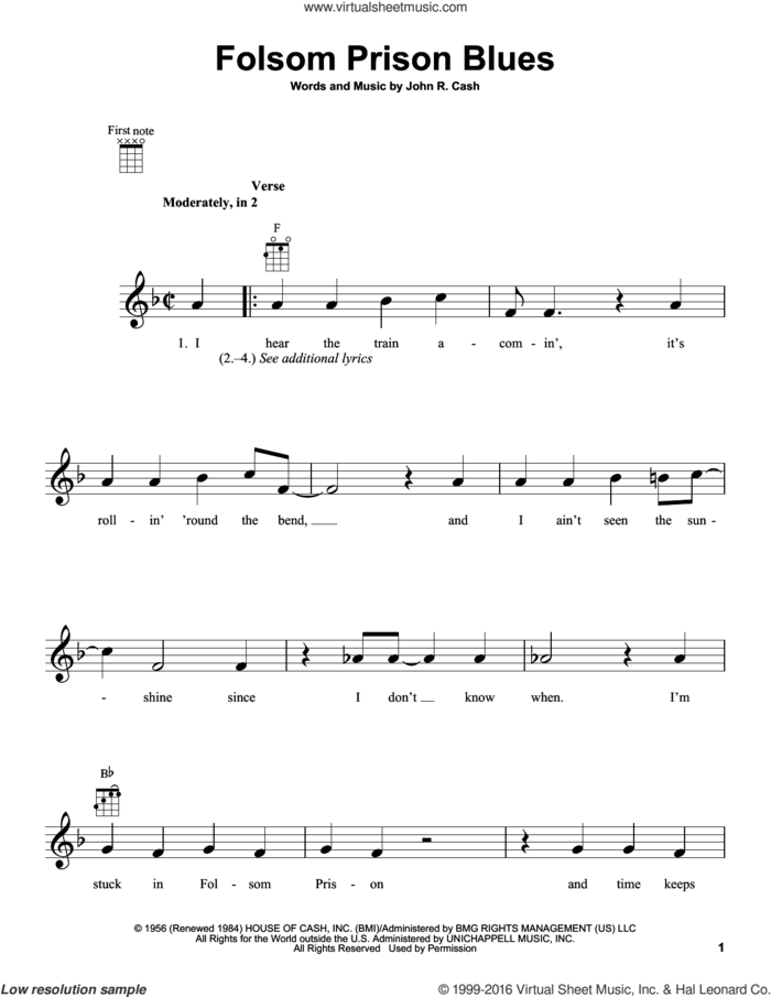 Folsom Prison Blues sheet music for ukulele by Johnny Cash, intermediate skill level