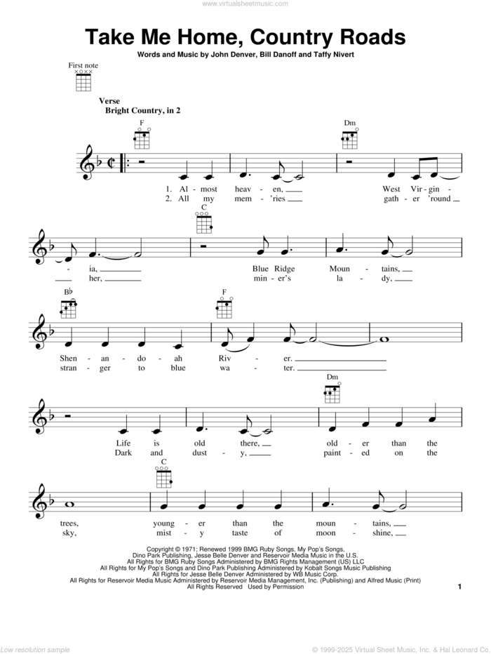 Take Me Home, Country Roads sheet music for ukulele by John Denver, Bill Danoff and Taffy Nivert, intermediate skill level