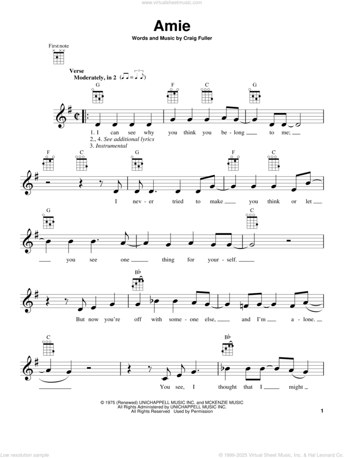 Amie sheet music for ukulele by Pure Prairie League and Craig Fuller, intermediate skill level