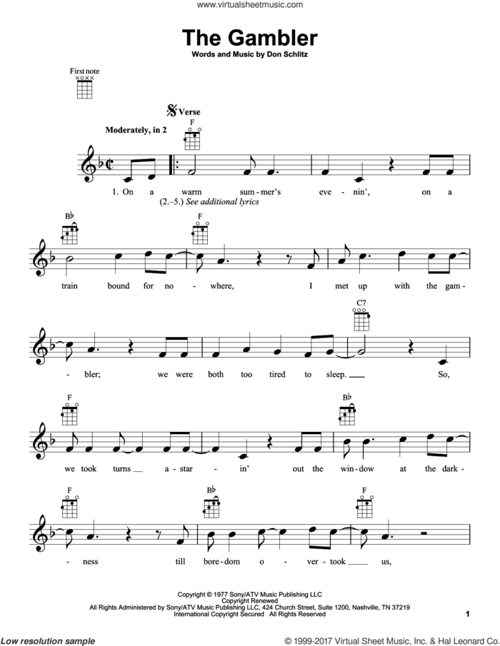 The Gambler sheet music for ukulele by Kenny Rogers and Don Schlitz, intermediate skill level