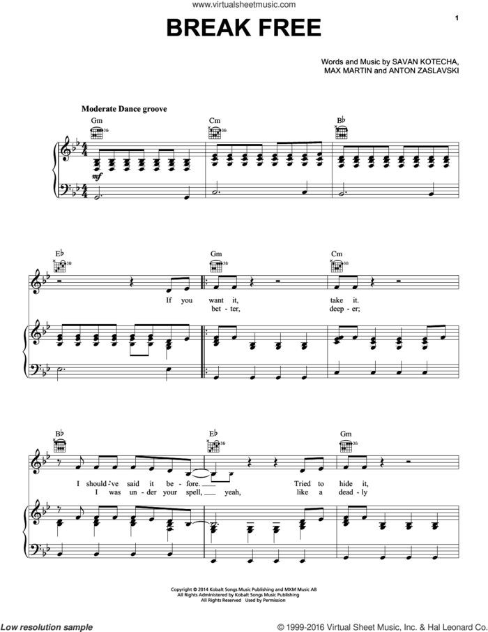 Break Free sheet music for voice, piano or guitar by Ariana Grande feat. Zedd, Ariana Grande, Anton Zaslavski, Max Martin and Savan Kotecha, intermediate skill level