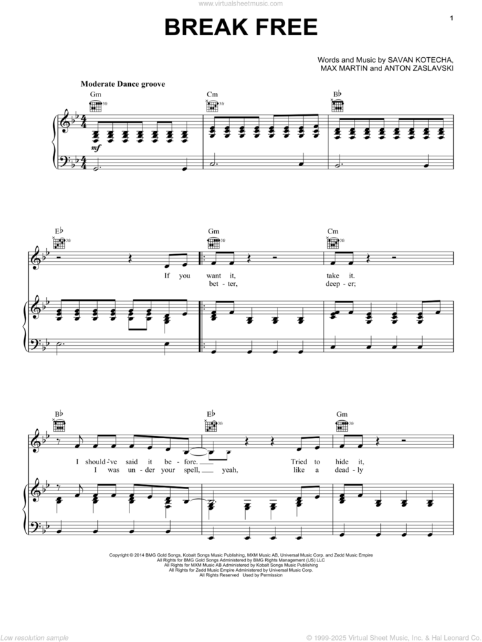 Break Free sheet music for voice, piano or guitar by Ariana Grande feat. Zedd, Ariana Grande, Anton Zaslavski, Max Martin and Savan Kotecha, intermediate skill level