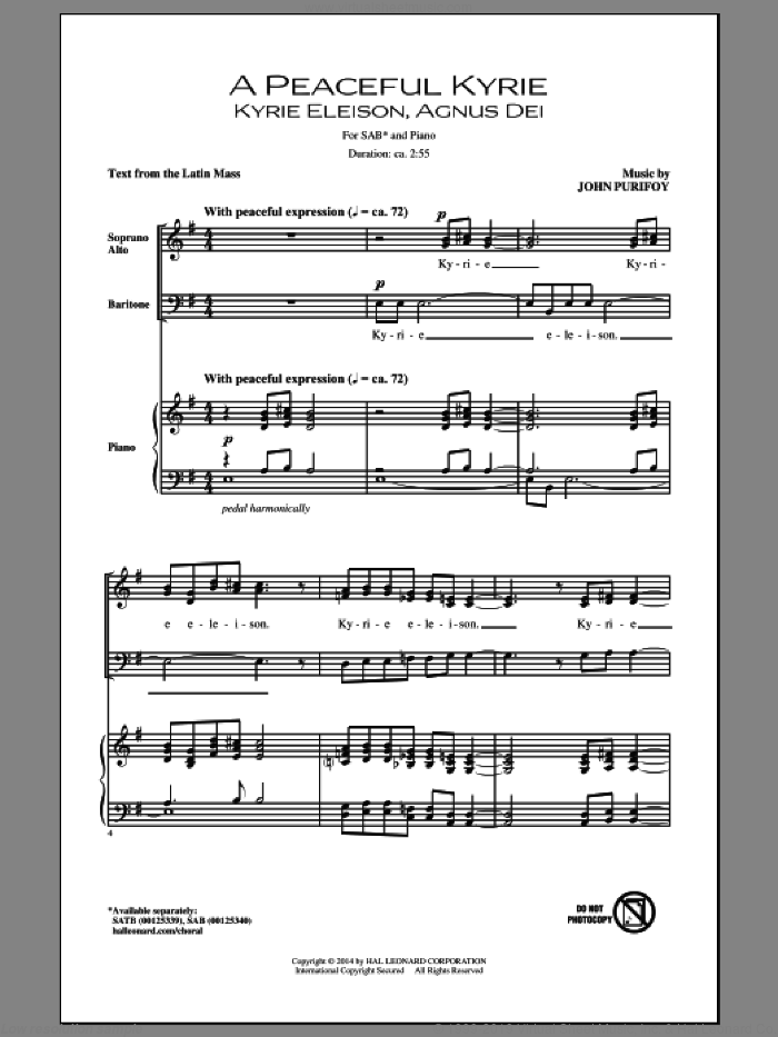A Peaceful Kyrie sheet music for choir (SAB: soprano, alto, bass) by John Purifoy and Miscellaneous, intermediate skill level
