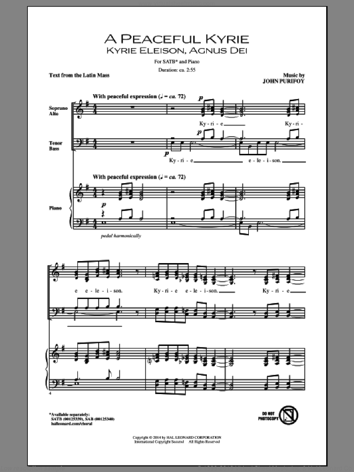 A Peaceful Kyrie sheet music for choir (SATB: soprano, alto, tenor, bass) by John Purifoy and Miscellaneous, intermediate skill level