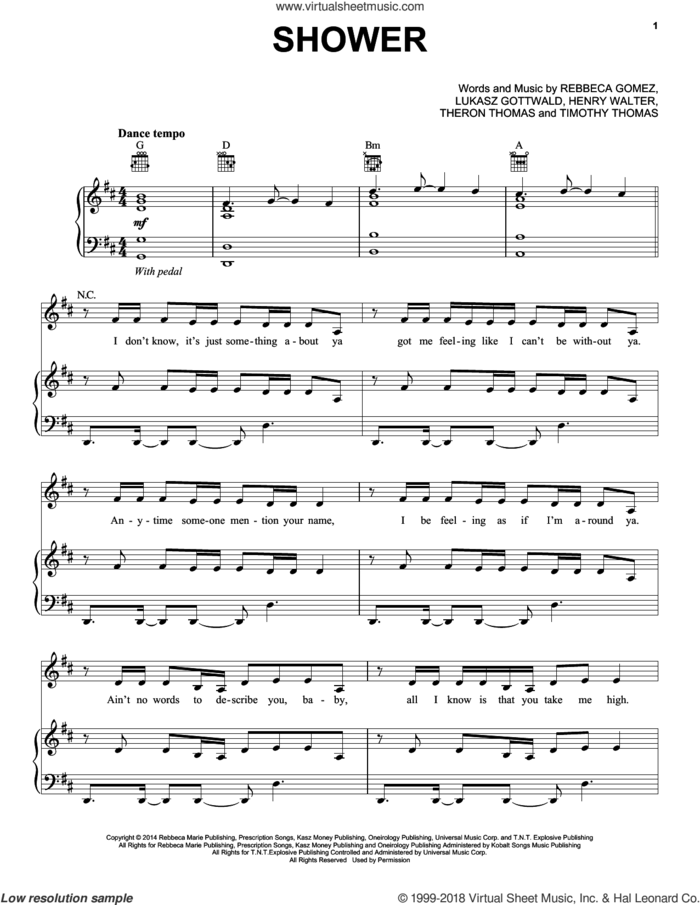 Shower sheet music for voice, piano or guitar by Becky G, Henry Walter, Lukasz Gottwald, Rebbeca Gomez, Theron Thomas and Timmy Thomas, intermediate skill level