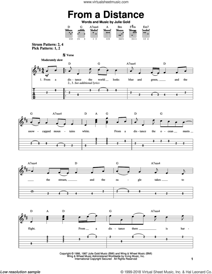 From A Distance sheet music for guitar solo (easy tablature) by Bette Midler and Julie Gold, easy guitar (easy tablature)