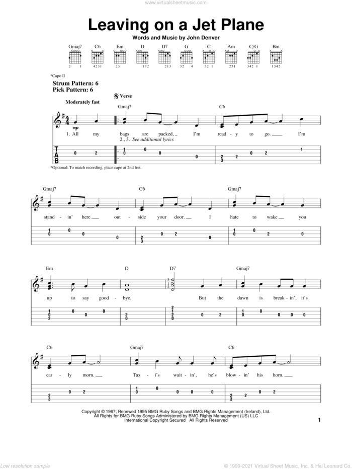 Leaving On A Jet Plane sheet music for guitar solo (easy tablature) by John Denver and Peter, Paul & Mary, easy guitar (easy tablature)
