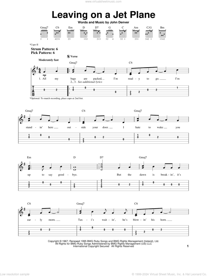 Leaving On A Jet Plane sheet music for guitar solo (easy tablature) by John Denver and Peter, Paul & Mary, easy guitar (easy tablature)