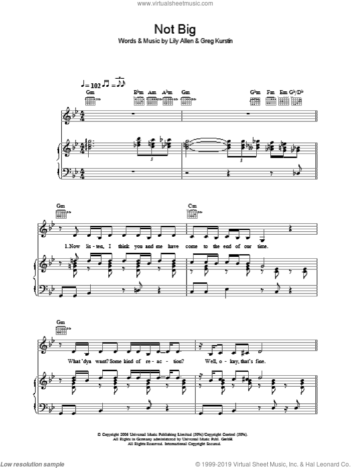 Not Big sheet music for voice, piano or guitar by Lily Allen and Greg Kurstin, intermediate skill level