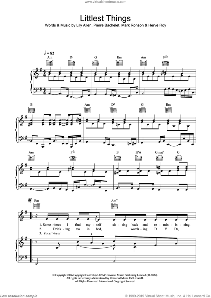 Littlest Things sheet music for voice, piano or guitar by Lily Allen, Herve Roy, Mark Ronson and Pierre Bachelet, intermediate skill level