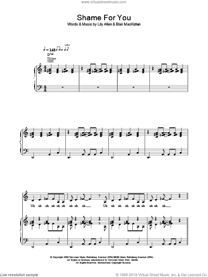 Shame For You sheet music for voice, piano or guitar by Lily Allen and Blair MacKichan, intermediate skill level