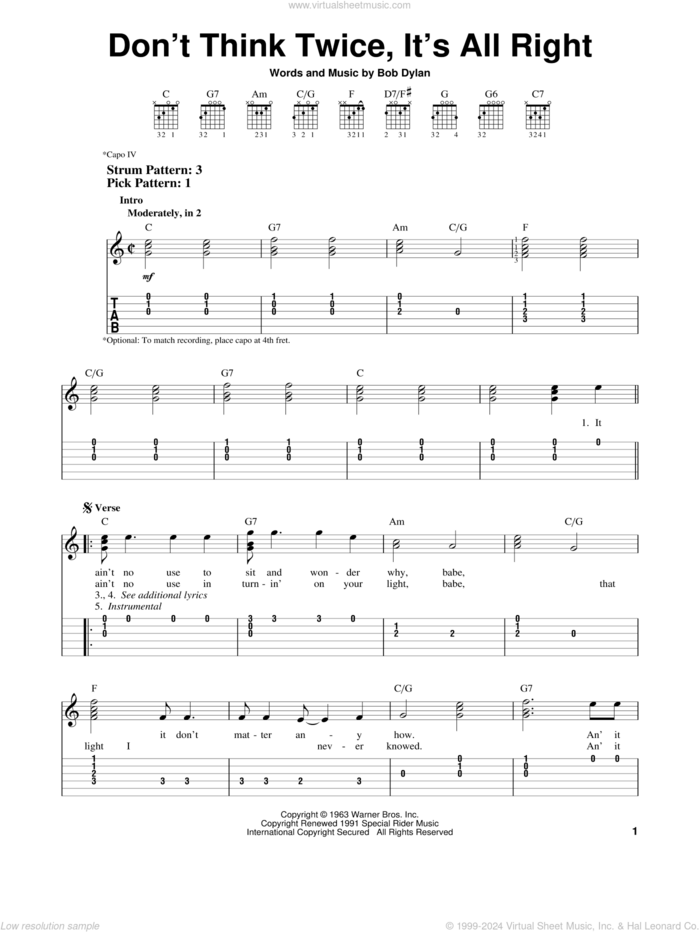 Don't Think Twice, It's All Right sheet music for guitar solo (easy tablature) by Bob Dylan and Peter, Paul & Mary, easy guitar (easy tablature)