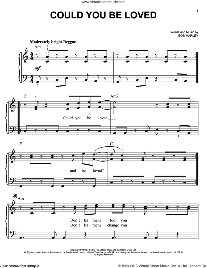 Could You Be Loved sheet music for piano solo by Bob Marley and Bob Marley and The Wailers, easy skill level