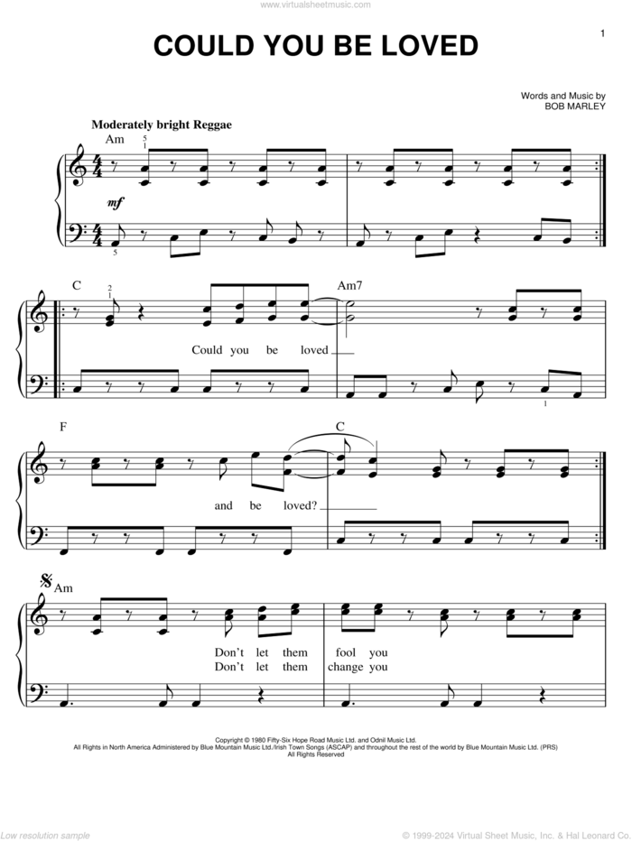 Could You Be Loved sheet music for piano solo by Bob Marley and Bob Marley and The Wailers, easy skill level