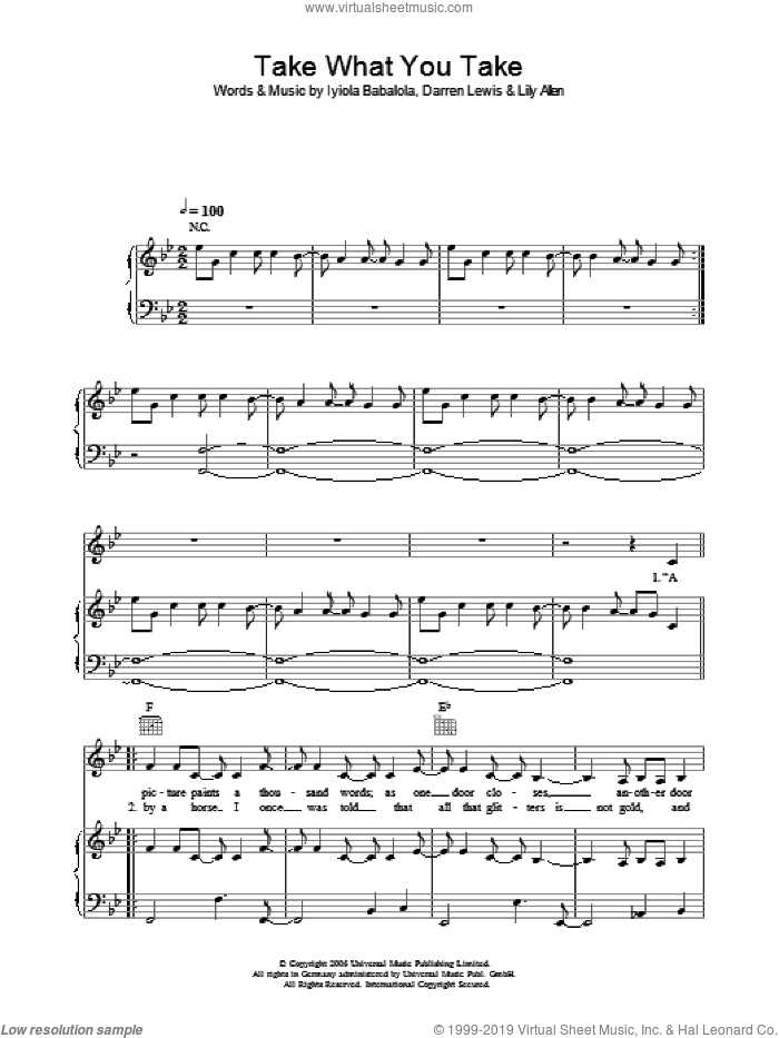 Take What You Take sheet music for voice, piano or guitar by Lily Allen, Darren Lewis and Iyiola Babalola, intermediate skill level