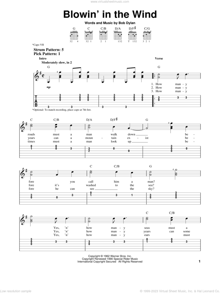 Blowin' In The Wind sheet music for guitar solo (easy tablature) by Bob Dylan, Peter, Paul & Mary and Stevie Wonder, easy guitar (easy tablature)