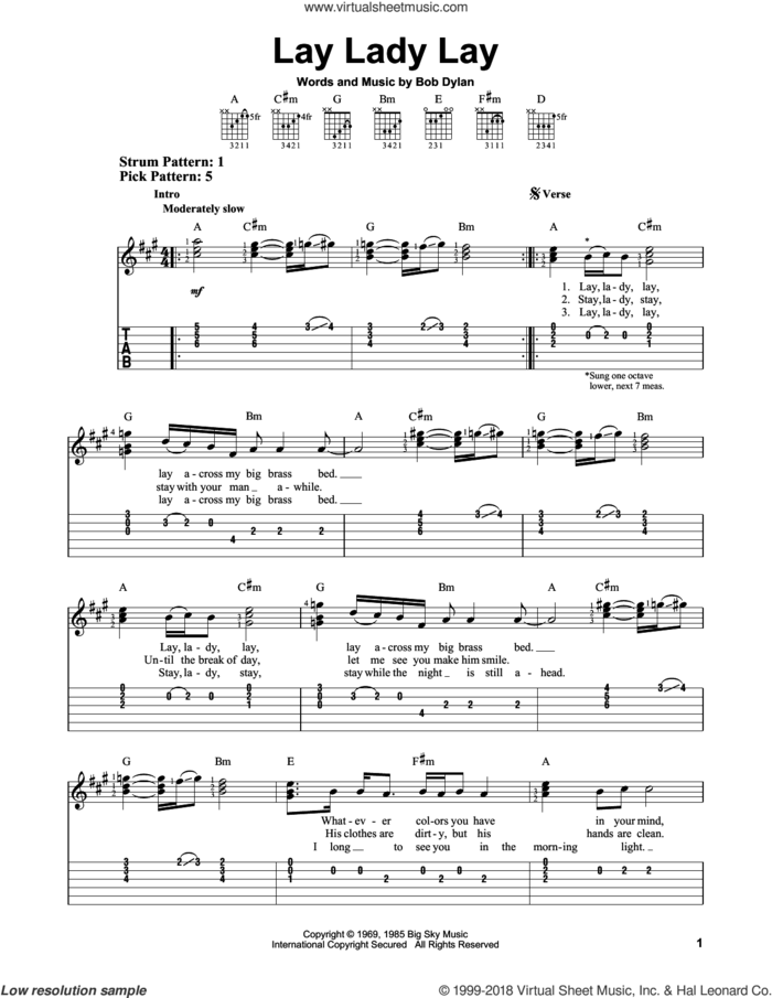 Lay Lady Lay sheet music for guitar solo (easy tablature) by Bob Dylan, easy guitar (easy tablature)