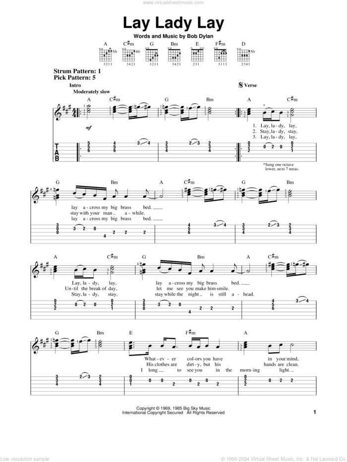 Lay Lady Lay sheet music for guitar solo (easy tablature) by Bob Dylan, easy guitar (easy tablature)