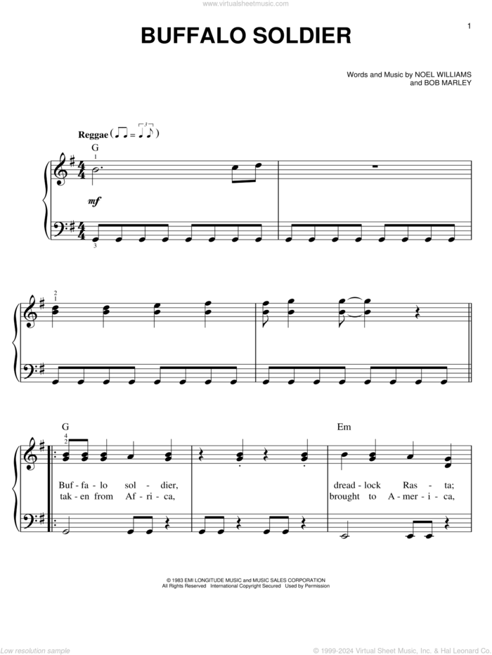 Marley - Buffalo Soldier sheet music for piano solo [PDF]