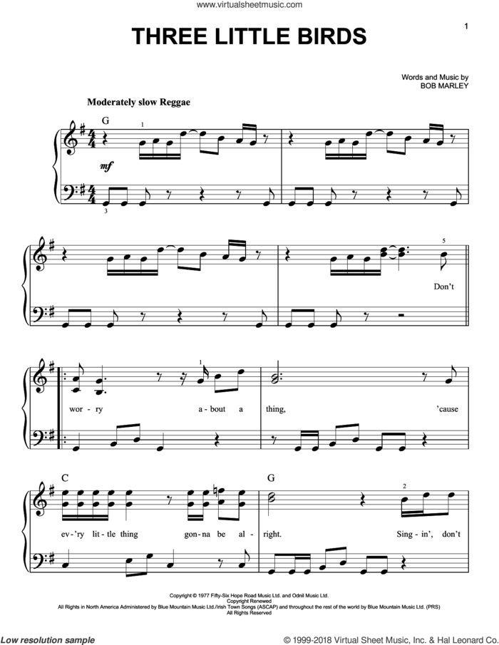 Three Little Birds, (easy) sheet music for piano solo by Bob Marley, easy skill level