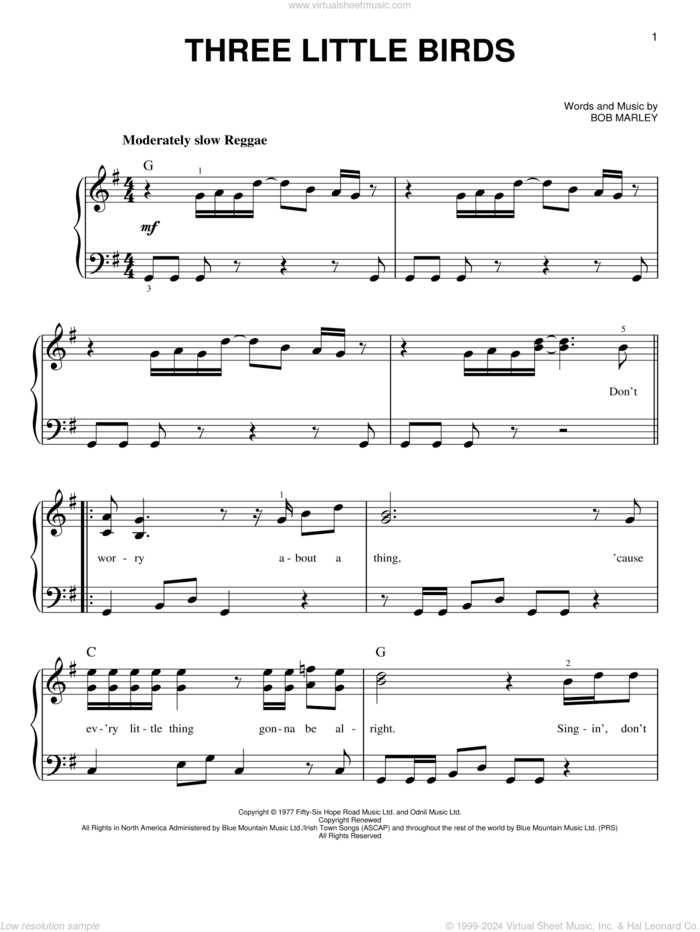 Three Little Birds, (easy) sheet music for piano solo by Bob Marley, easy skill level