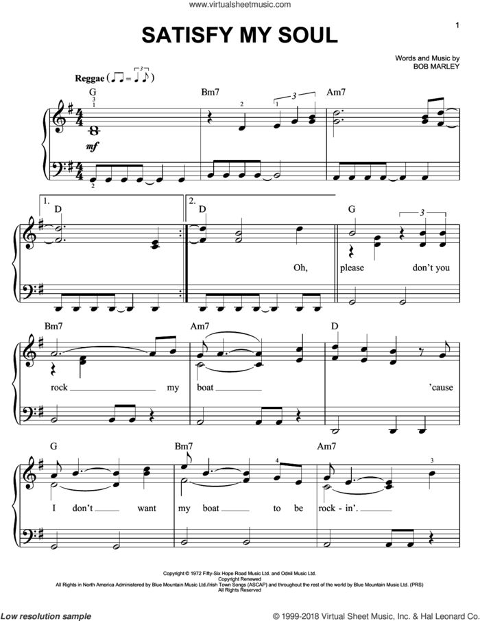 Satisfy My Soul sheet music for piano solo by Bob Marley, easy skill level