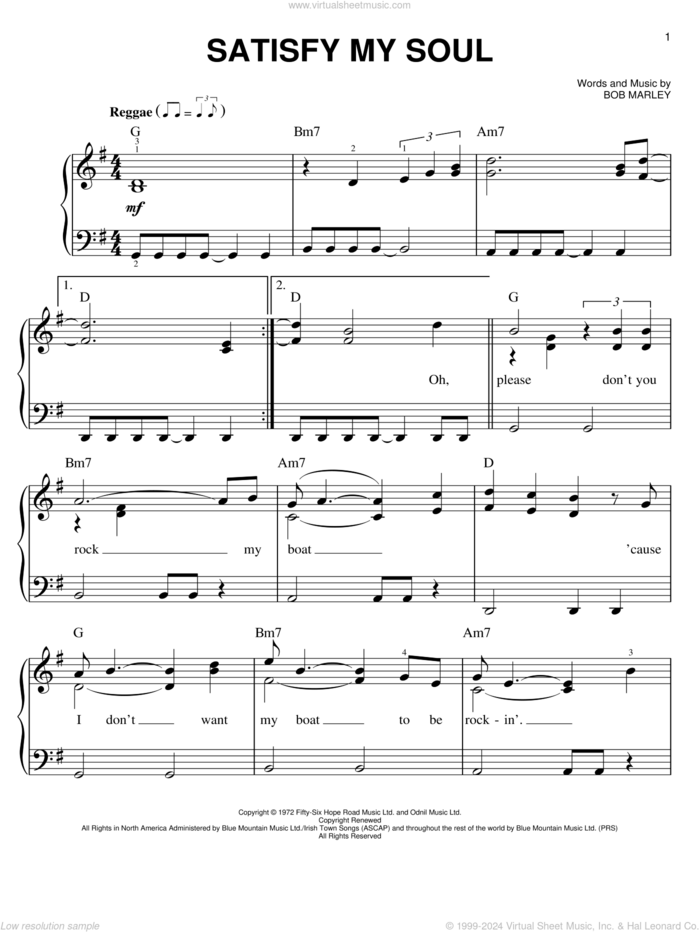 Satisfy My Soul sheet music for piano solo by Bob Marley, easy skill level