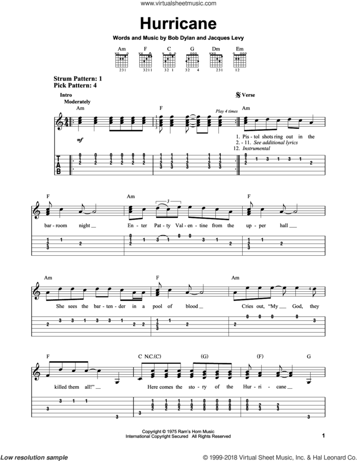 Hurricane sheet music for guitar solo (easy tablature) by Bob Dylan and Jacques Levy, easy guitar (easy tablature)