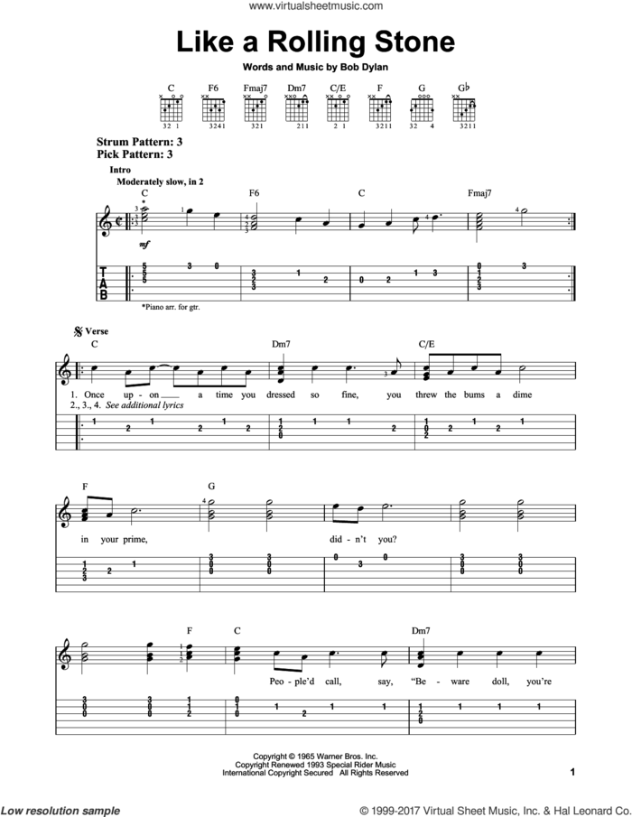 Like A Rolling Stone sheet music for guitar solo (easy tablature) by Bob Dylan, easy guitar (easy tablature)