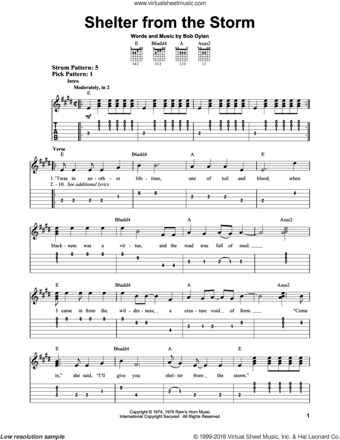 Shelter From The Storm sheet music for guitar solo (easy tablature) by Bob Dylan, easy guitar (easy tablature)