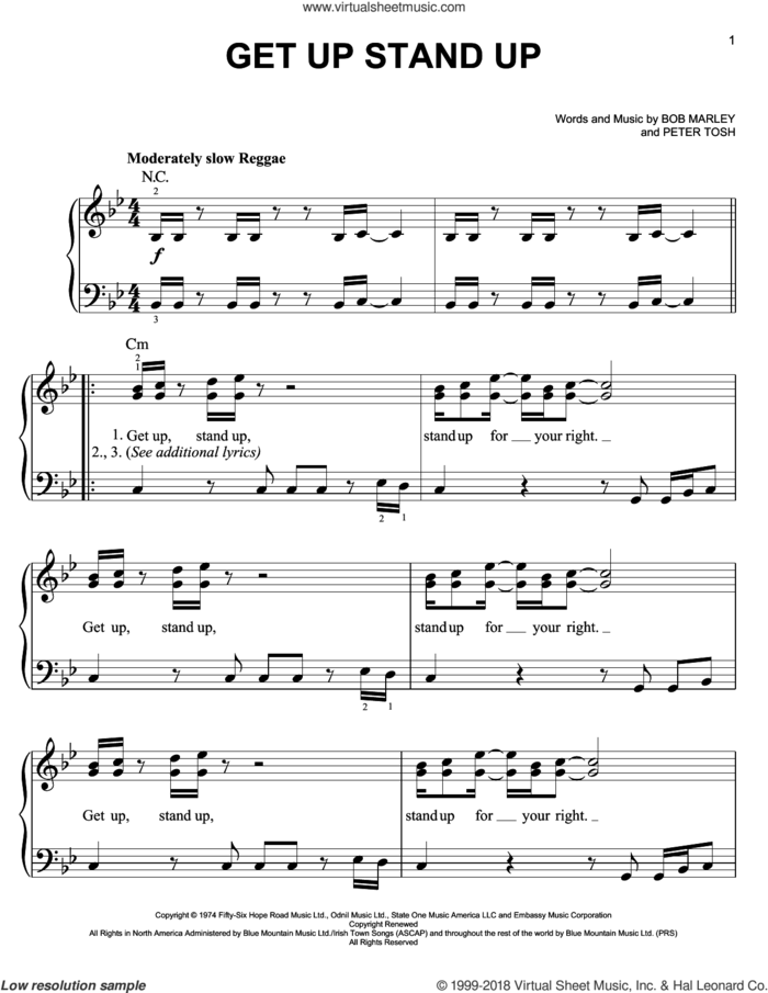 Get Up Stand Up sheet music for piano solo by Bob Marley and Peter Tosh, easy skill level