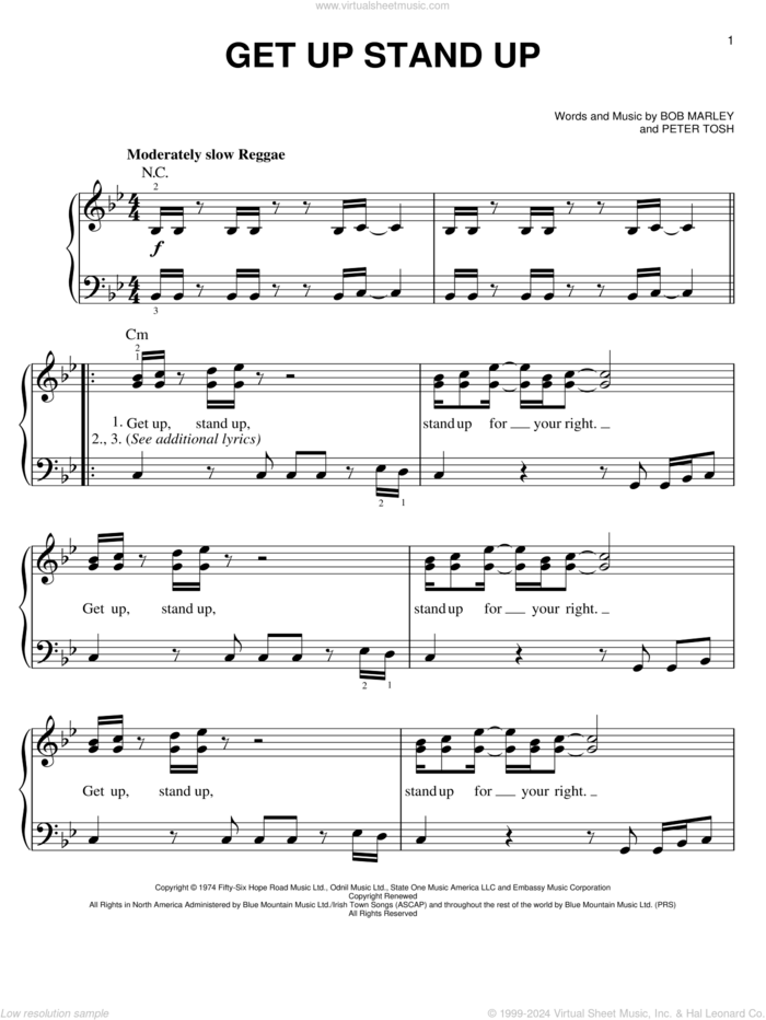 Get Up Stand Up sheet music for piano solo by Bob Marley and Peter Tosh, easy skill level