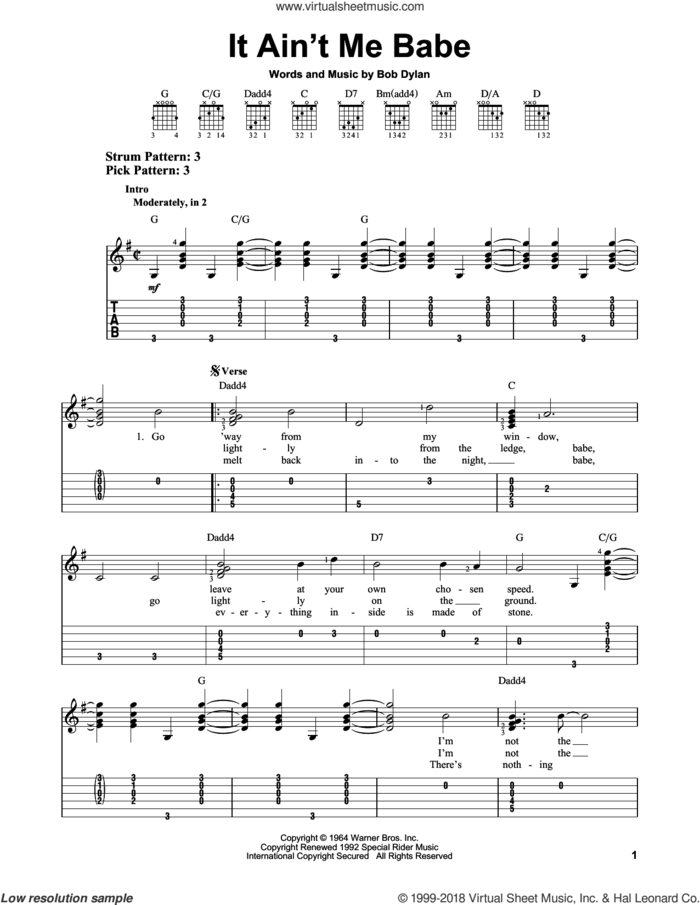 It Ain't Me Babe sheet music for guitar solo (easy tablature) by Bob Dylan and Johnny Cash, easy guitar (easy tablature)