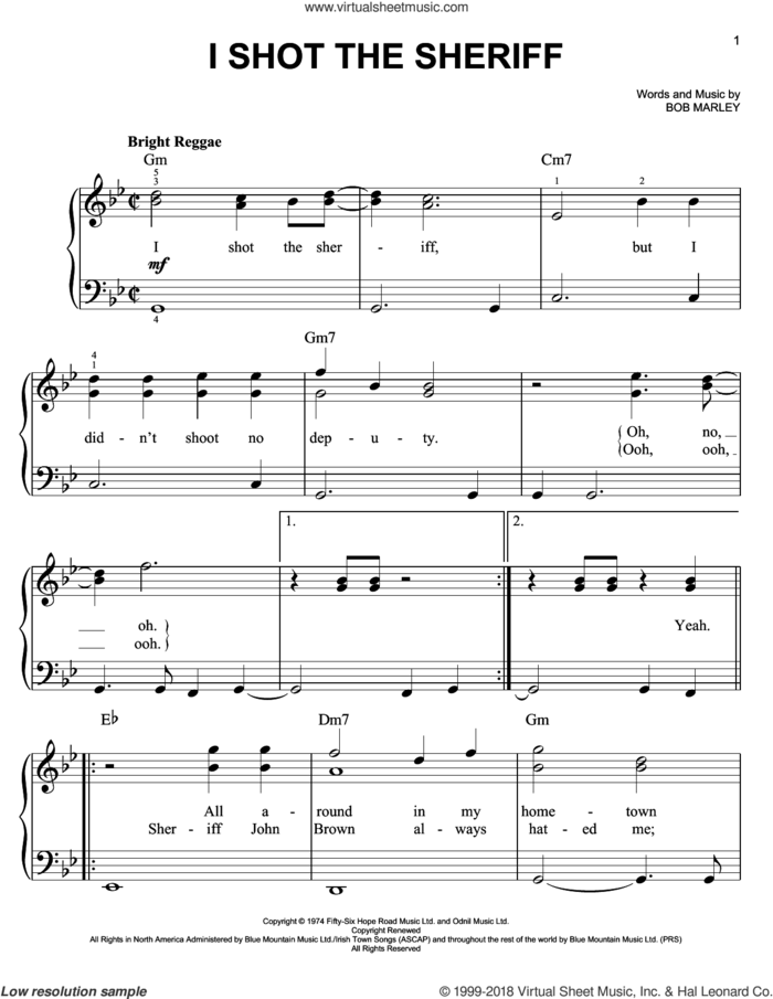 I Shot The Sheriff sheet music for piano solo by Bob Marley, Eric Clapton and Warren G, easy skill level