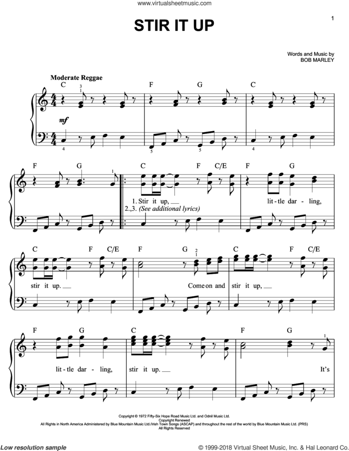 Stir It Up sheet music for piano solo by Bob Marley, easy skill level