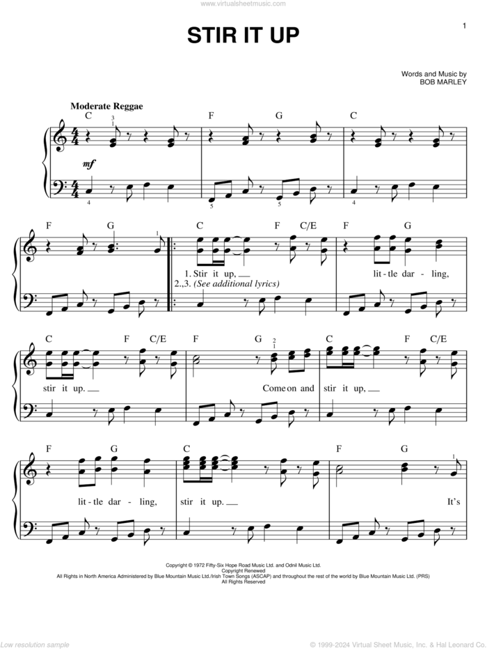 Stir It Up sheet music for piano solo by Bob Marley, easy skill level