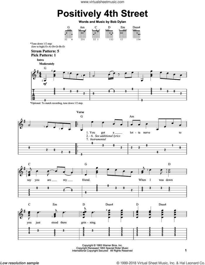 Positively 4th Street sheet music for guitar solo (easy tablature) by Bob Dylan, easy guitar (easy tablature)
