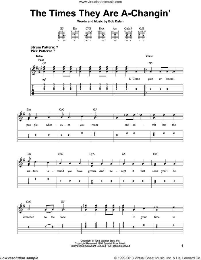 The Times They Are A-Changin' sheet music for guitar solo (easy tablature) by Bob Dylan and Peter, Paul & Mary, easy guitar (easy tablature)
