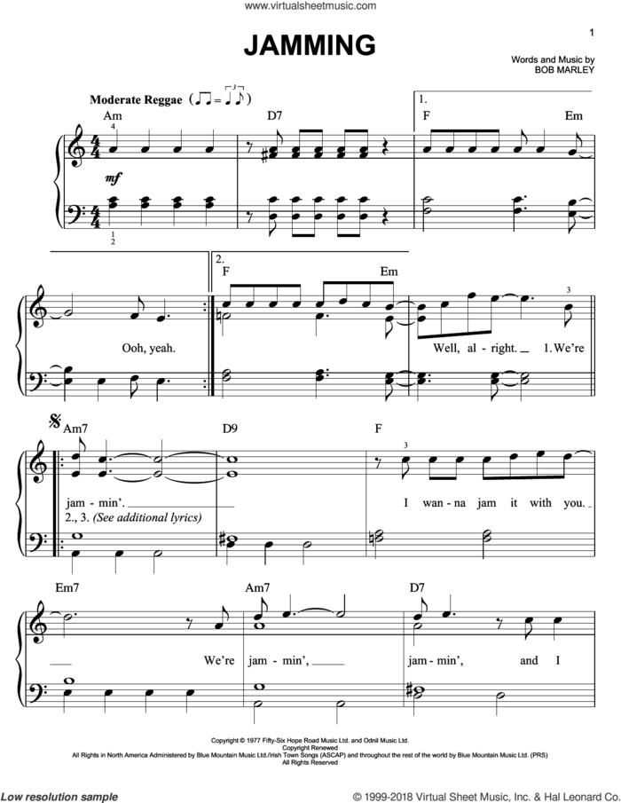 Jamming sheet music for piano solo by Bob Marley, easy skill level