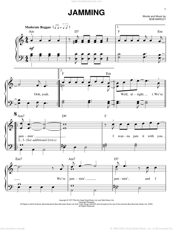 Jamming sheet music for piano solo by Bob Marley, easy skill level