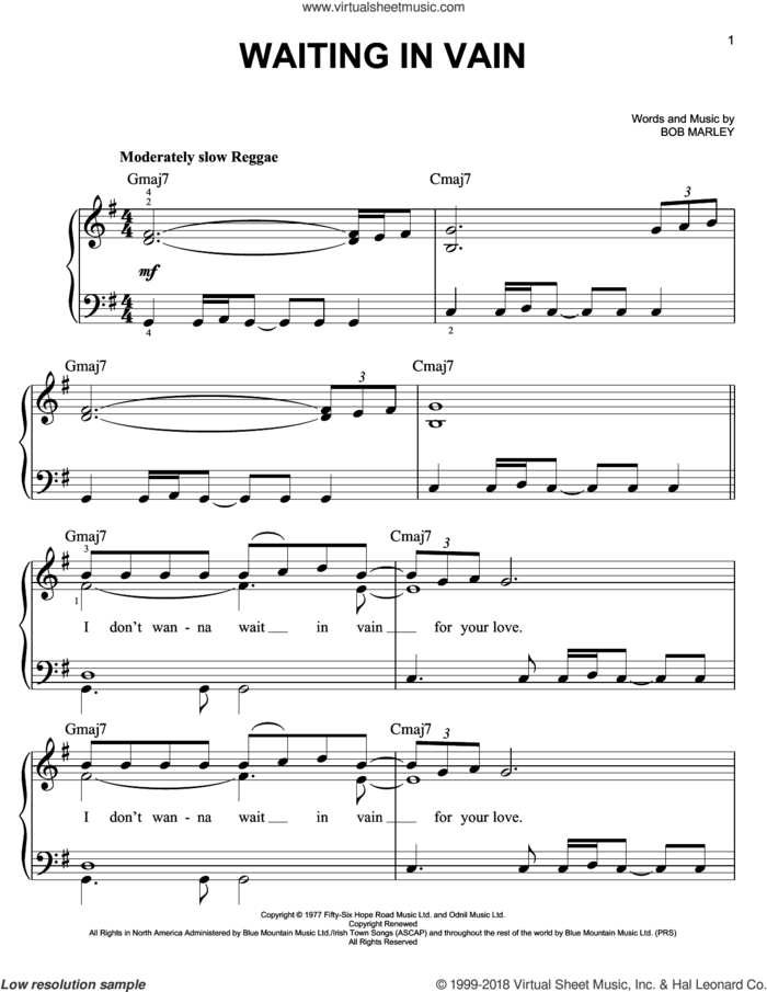 Waiting In Vain sheet music for piano solo by Bob Marley, easy skill level