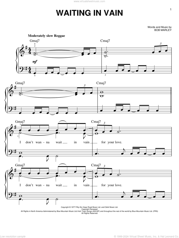 Waiting In Vain sheet music for piano solo by Bob Marley, easy skill level