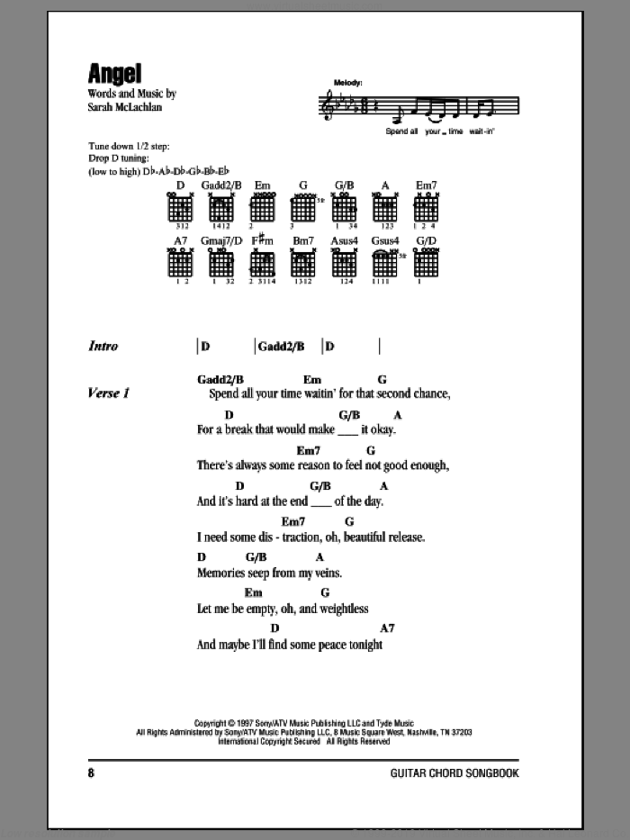Angel sheet music for guitar (chords) by Sarah McLachlan, intermediate skill level