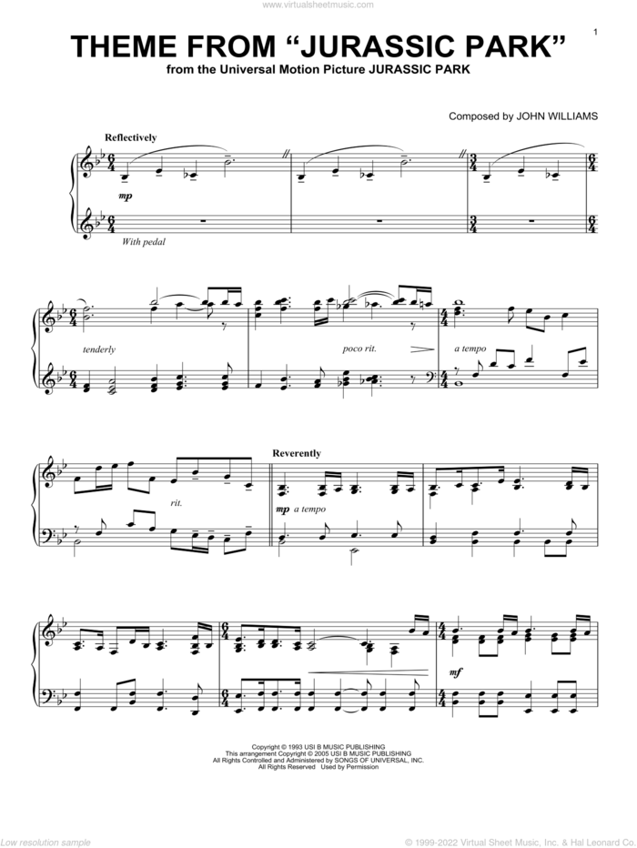 Theme From Jurassic Park, (intermediate) sheet music for piano solo by John Williams, intermediate skill level
