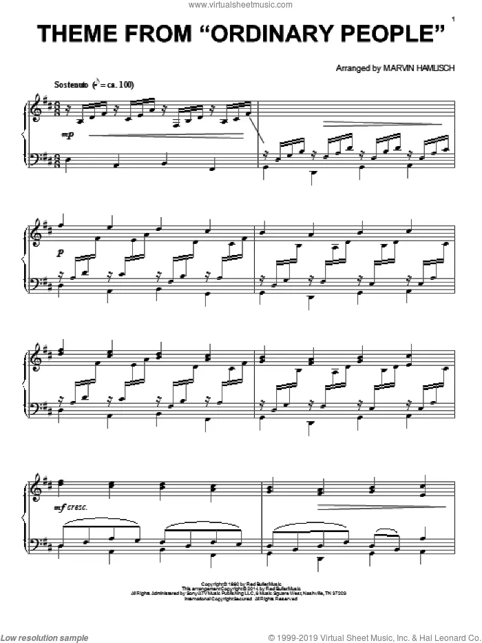 Theme From Ordinary People sheet music for piano solo by Marvin Hamlisch, intermediate skill level