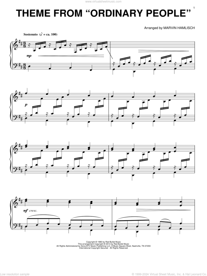 Theme From Ordinary People sheet music for piano solo by Marvin Hamlisch, intermediate skill level